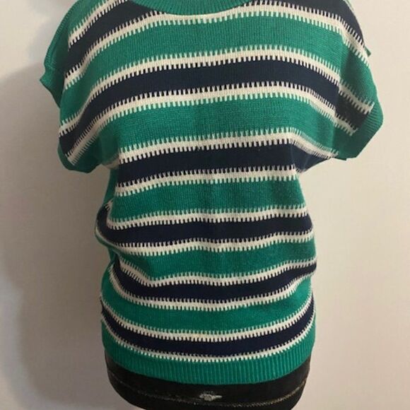 Devon Vintage Green/Black/White stripe short sleeve sweater, size L - Picture 1 of 4